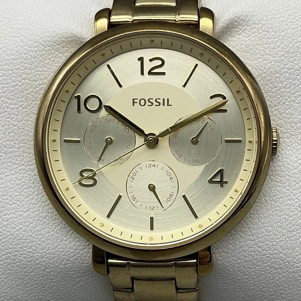 Fossil Womens Watch 36mm Gold Tone Champagne Dial Day Date ES3667 New Battery 6
